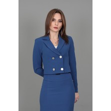 Manşetli Mini Ceket-İndigo