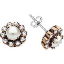 Tesbihane Beyaz Zirkon Taşlı Çiçek 925 Ayar Gümüş Inci Küpe