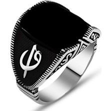 Tesbihane Elif Vav Yazılı Siyah Oniks Taşlı 925 Ayar Gümüş Erkek Yüzük