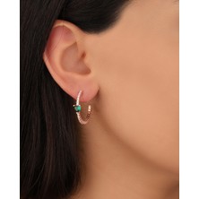 Mistik Silver Yeşil Kalpli Yarım Halka Gümüş Küpe