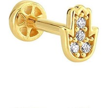 Mistik Silver Taşlı Hamsa 14 K Altın Tragus Piercing (585 Damgalı)