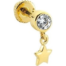 Mistik Silver Sallantılı Taşsız Yıldız, Tek Taşlı 14 K Altın Tragus Piercing (585 Damgalı)