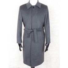 Jan Carlucci Jancarlucci  Erkek Yün-Kaşmir Karışımlı Açık  Gri Kuşaklı Kaşe Uzun Palto