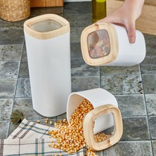 Bonny Mugiss Bonny Saklama Kabı Ahşap Kaplama Kapak Beyaz Renkli Hazne 3'lü Set 1800ML 1000ML 600ML