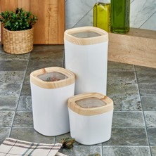 Bonny Mugiss Bonny Saklama Kabı Ahşap Kaplama Kapak Beyaz Renkli Hazne 3'lü Set 1800ML 1000ML 600ML