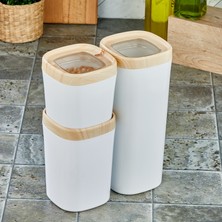 Bonny Mugiss Bonny Saklama Kabı Ahşap Kaplama Kapak Beyaz Renkli Hazne 3'lü Set 1800ML 1000ML 600ML
