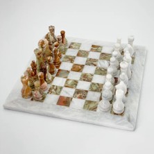Marble World Satrançel Yapımı Doğal Yeşil-Beyaz Onyx (Oniks) Mermer Satranç Takımı 15"
