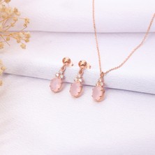 Miavi Silver 925 Ayar Gümüş Gül Kuvars Kolye Küpe Set