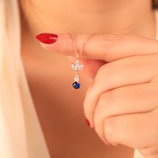 Ravza Gümüş 925 Ayar Gümüş Safir Taşlı Lotus Kolye