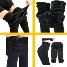 Secret Moda Çift Kat Peluşlu Paça Lastikli Sımsıkı Sıcacık Tutan Kadın Yüksek Bel Kış Peluş Tayt