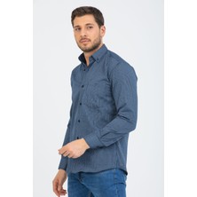 Varetta Erkek Lacivert Uzun Kol Çizgili Tek Cepli Yaka Düğmeli Gömlek