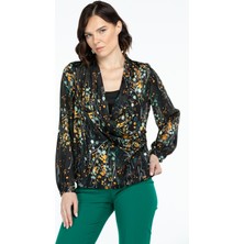 Ekol Kadın Kruvaze Balon Desenli Bluz 3007 Hardal