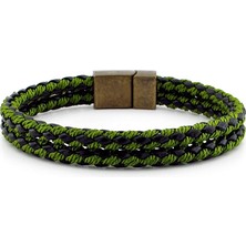 Solfera Bronz Mıknatıs Iki Sıra Yeşil Örgü Deri Erkek Bileklik M030B