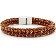 Solfera Gümüş Renk Manyetik Iki Sıra Taba Örgü Deri Erkek Bileklik M031E