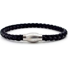 Solfera Oval Metal Klipsli Siyah Örgü Deri Erkek Bileklik M033A