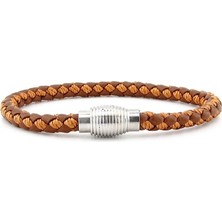 Solfera Oval Metal Klips Taba Renkli Örgü Deri Erkek Bileklik M033E