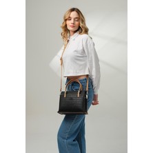 Just Polo Baskı Desenli  5 bölmeli Kadın  Siyah Taba El ve Omuz Çantası J4045