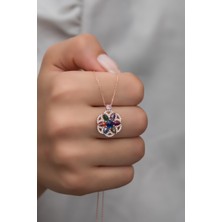 Nereze 925 Ayar Gümüş Desenli Renkli Taşlı Lotus Çiçeği Kolye