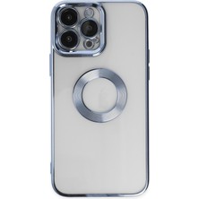 Caseart Apple iPhone 14 Pro Max Kapak Yanları Renkli Lens Korumalı Logo Gösteren Şeffaf Luxury Silikon Kılıf - Açık Mavi