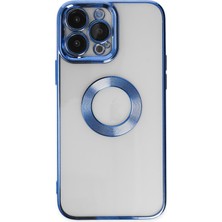 Caseart Apple iPhone 14 Pro Max Kapak Yanları Renkli Lens Korumalı Logo Gösteren Şeffaf Luxury Silikon Kılıf - Mavi