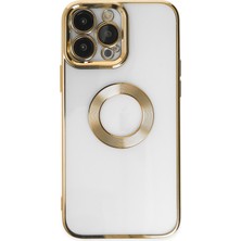 Kılıfmania Apple iPhone 14 Pro Max Kapak Yanları Renkli Lens Korumalı Logo Gösteren Şeffaf Luxury Silikon Kılıf - Gold