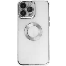 Caseworld Apple iPhone 14 Pro Max Kapak Yanları Renkli Lens Korumalı Logo Gösteren Şeffaf Luxury Silikon Kılıf - Gri