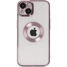 Kılıfmania Apple iPhone 14 Kapak Yanları Renkli Lens Korumalı Logo Gösteren Şeffaf Luxury Silikon Kılıf - Rose Gold