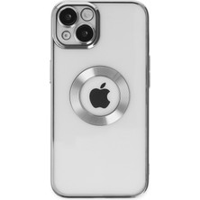 Kzy Apple iPhone 14 Kapak Yanları Renkli Lens Korumalı Logo Gösteren Şeffaf Luxury Silikon Kılıf - Gri