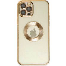 Kzy Apple iPhone 12 Pro Kapak Yanları Renkli Lens Korumalı Logo Gösteren Şeffaf Luxury Silikon Kılıf - Gold