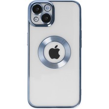 Caseart Apple iPhone 14 Plus Kapak Yanları Renkli Lens Korumalı Logo Gösteren Şeffaf Luxury Silikon Kılıf - Açık Mavi