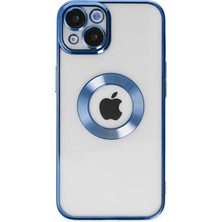 Caseart Apple iPhone 13 Kapak Yanları Renkli Lens Korumalı Logo Gösteren Şeffaf Luxury Silikon Kılıf - Mavi