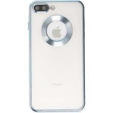 Caseart Apple iPhone 8 Plus Kapak Yanları Renkli Lens Korumalı Logo Gösteren Şeffaf Luxury Silikon Kılıf - Açık Mavi