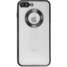 Caseart Apple iPhone 8 Plus Kapak Yanları Renkli Lens Korumalı Logo Gösteren Şeffaf Luxury Silikon Kılıf - Siyah