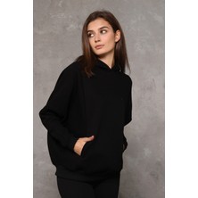 Fancy Kadın Kapüşonlu Yumuşacık İçi Pamuklu Yarasa Kol Oversize Kalın Sweatshirt