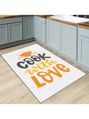 Soho Halı Şapka Desenli Cook With Love Sloganlı Bej Modern Dekoratif Mutfak Halısı KG2080