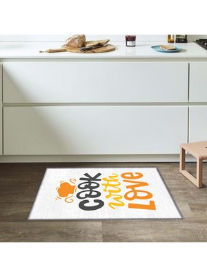 Soho Halı Şapka Desenli Cook With Love Sloganlı Bej Modern Dekoratif Mutfak Halısı KG2080