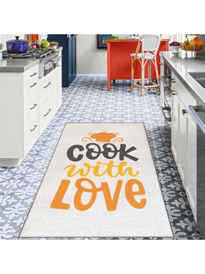 Soho Halı Şapka Desenli Cook With Love Sloganlı Bej Modern Dekoratif Mutfak Halısı KG2080