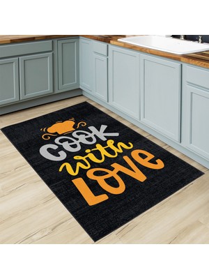 Soho Halı Şapka Desenli Cook With Love Sloganlı Siyah Modern Dekoratif Mutfak Halısı KG2081