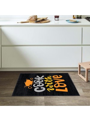 Soho Halı Şapka Desenli Cook With Love Sloganlı Siyah Modern Dekoratif Mutfak Halısı KG2081