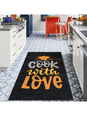 Soho Halı Şapka Desenli Cook With Love Sloganlı Siyah Modern Dekoratif Mutfak Halısı KG2081