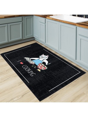 Soho Halı Kedi Desenli I Love Cooking Sloganlı Modern Dekoratif Mutfak Halısı KG2089