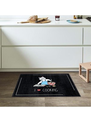 Soho Halı Kedi Desenli I Love Cooking Sloganlı Modern Dekoratif Mutfak Halısı KG2089