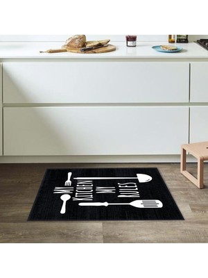 Soho Halı Çatal Bıçak Desenli Kitchen Rules Sloganlı Modern Dekoratif Mutfak Halısı KG2091