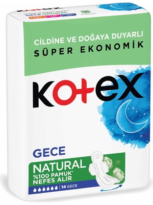 Kotex Natural Gece Pamuk Hijyenik Ped 14'lü Hızlı Emici Pamuksu Üst Yüzey ile Koruma