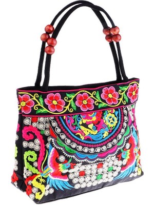 Retro Kadın Nakış Çantası Ulusal Omuz Çantası Tote Seyahat Çantası 31X51CM D