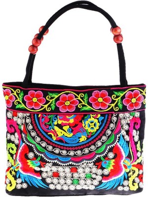 Retro Kadın Nakış Çantası Ulusal Omuz Çantası Tote Seyahat Çantası 31X51CM D