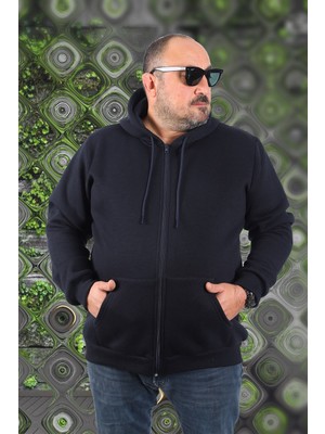 Mocgrande Büyük Beden Unisex Kapüşonlu 3ip Sweat 11701 Koyu Lacivert