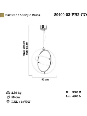 Lucea Almonte Büyük Boy Ledli 2 Li  Krom Avize 70W 3000K