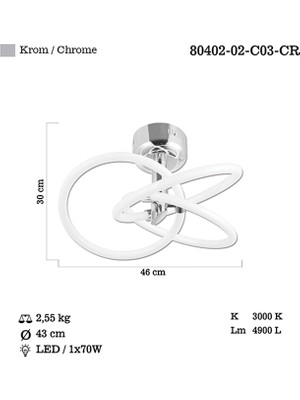 Lucea Sedna 3 Lü Ledli Krom Plafonyer 70W 3000K