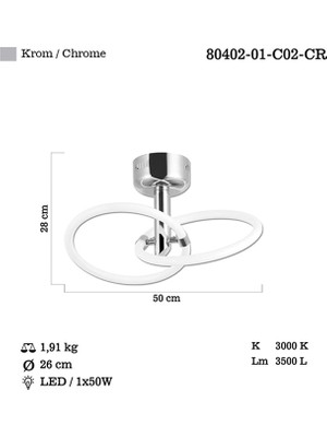 Lucea Sedna 2 Li Ledli Krom Plafonyer 50W 3000K